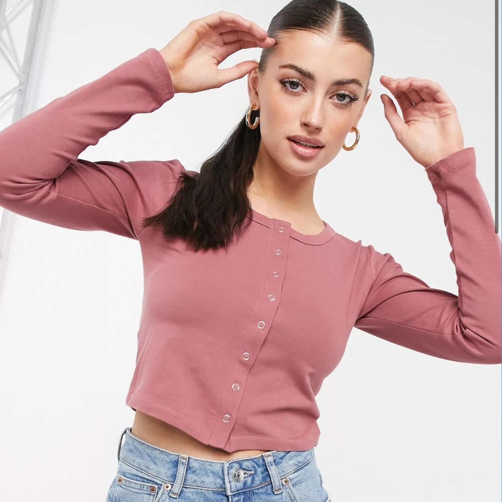 ASOS DESIGN Fitted Cardi with Snaps in Dusky Pink